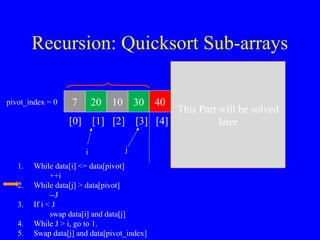 Recursion: Quicksort Sub-arrays
7 20 10 30 40 50 60 80 100
[0] [1] [2] [3] [4] [5] [6] [7] [8]
> data[pivot]
This Part will be solved
later
pivot_index = 0
i j
1. While data[i] <= data[pivot]
++i
2. While data[j] > data[pivot]
--J
3. If i < J
swap data[i] and data[j]
4. While J > i, go to 1.
5. Swap data[j] and data[pivot_index]
 