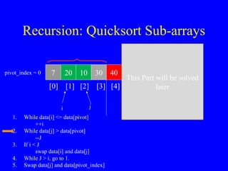Recursion: Quicksort Sub-arrays
7 20 10 30 40 50 60 80 100
[0] [1] [2] [3] [4] [5] [6] [7] [8]
> data[pivot]
This Part will be solved
later
pivot_index = 0
i j
1. While data[i] <= data[pivot]
++i
2. While data[j] > data[pivot]
--J
3. If i < J
swap data[i] and data[j]
4. While J > i, go to 1.
5. Swap data[j] and data[pivot_index]
 