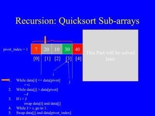 Recursion: Quicksort Sub-arrays
7 20 10 30 40 50 60 80 100
[0] [1] [2] [3] [4] [5] [6] [7] [8]
> data[pivot]
This Part will be solved
later
pivot_index = 1
i
j1. While data[i] <= data[pivot]
++i
2. While data[j] > data[pivot]
--J
3. If i < J
swap data[i] and data[j]
4. While J > i, go to 1.
5. Swap data[j] and data[pivot_index]
 