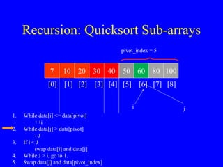 Recursion: Quicksort Sub-arrays
7 10 20 30 40 50 60 80 100
[0] [1] [2] [3] [4] [5] [6] [7] [8]
pivot_index = 5
i j
1. While data[i] <= data[pivot]
++i
2. While data[j] > data[pivot]
--J
3. If i < J
swap data[i] and data[j]
4. While J > i, go to 1.
5. Swap data[j] and data[pivot_index]
 