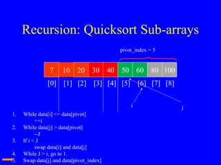 Recursion: Quicksort Sub-arrays
7 10 20 30 40 50 60 80 100
[0] [1] [2] [3] [4] [5] [6] [7] [8]
pivot_index = 5
i j
1. While data[i] <= data[pivot]
++i
2. While data[j] > data[pivot]
--J
3. If i < J
swap data[i] and data[j]
4. While J > i, go to 1.
5. Swap data[j] and data[pivot_index]
 