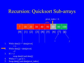 Recursion: Quicksort Sub-arrays
7 10 20 30 40 50 60 80 100
[0] [1] [2] [3] [4] [5] [6] [7] [8]
pivot_index = 6
i j
1. While data[i] <= data[pivot]
++i
2. While data[j] > data[pivot]
--J
3. If i < J
swap data[i] and data[j]
4. While J > i, go to 1.
5. Swap data[j] and data[pivot_index]
 
