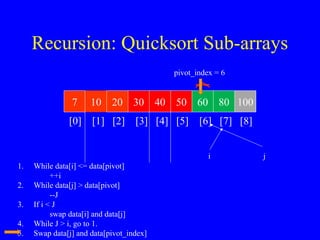 Recursion: Quicksort Sub-arrays
7 10 20 30 40 50 60 80 100
[0] [1] [2] [3] [4] [5] [6] [7] [8]
pivot_index = 6
i j
1. While data[i] <= data[pivot]
++i
2. While data[j] > data[pivot]
--J
3. If i < J
swap data[i] and data[j]
4. While J > i, go to 1.
5. Swap data[j] and data[pivot_index]
 