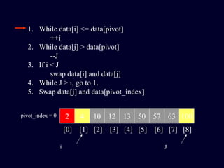 1. While data[i] <= data[pivot]
++i
2. While data[j] > data[pivot]
--J
3. If i < J
swap data[i] and data[j]
4. While J > i, go to 1.
5. Swap data[j] and data[pivot_index]
2 4 10 12 13 50 57 63 100pivot_index = 0
[0] [1] [2] [3] [4] [5] [6] [7] [8]
i J
 