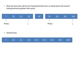 • Now we have two sub list one having elements less or equal pivot and second
having elements greater than pivot.
20 10 30 1008060507
Pivot,i j Pivot,i
40
j
• Sorted Array
10 20 30 100806050407
 