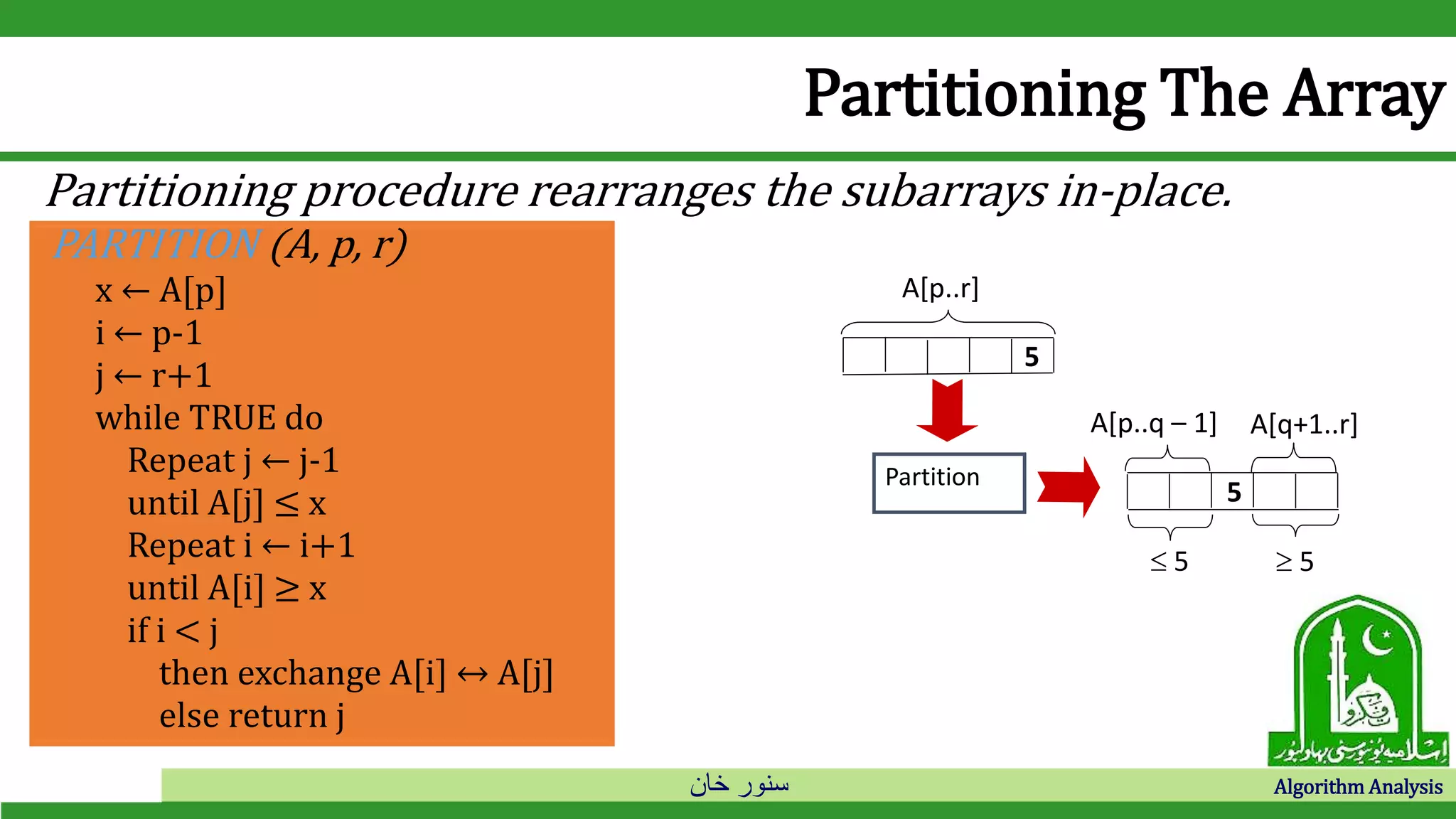 ‫خان‬ ‫سنور‬ Algorithm Analysis
Partitioning The Array
PARTITION (A, p, r)
x ← A[p]
i ← p-1
j ← r+1
while TRUE do
Repeat j ← j-1
until A[j] ≤ x
Repeat i ← i+1
until A[i] ≥ x
if i < j
then exchange A[i] ↔ A[j]
else return j
5
A[p..r]
A[p..q – 1] A[q+1..r]
 5  5
Partition
5
Partitioning procedure rearranges the subarrays in-place.
 