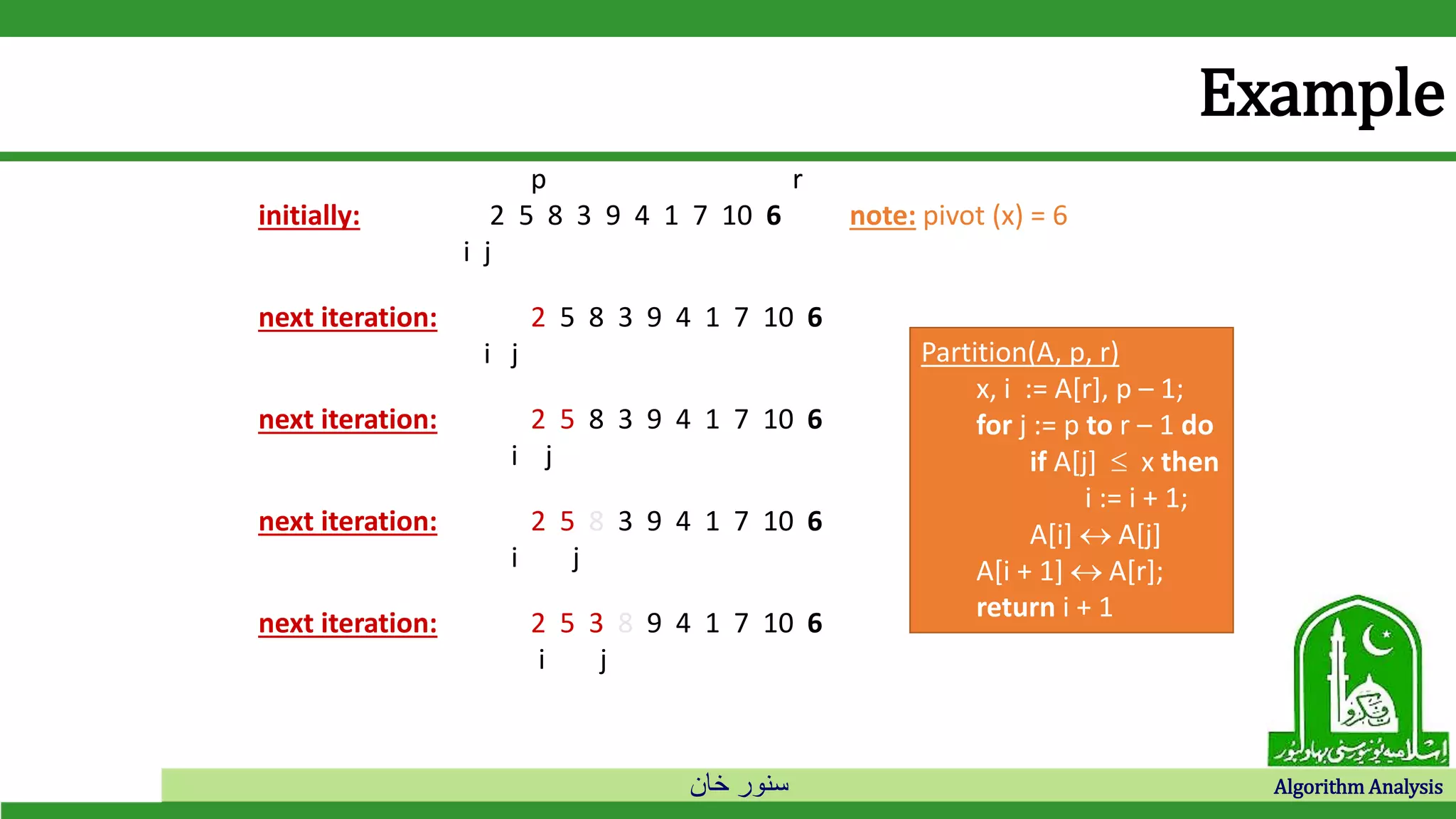‫خان‬ ‫سنور‬ Algorithm Analysis
Example
p r
initially: 2 5 8 3 9 4 1 7 10 6 note: pivot (x) = 6
i j
next iteration: 2 5 8 3 9 4 1 7 10 6
i j
next iteration: 2 5 8 3 9 4 1 7 10 6
i j
next iteration: 2 5 8 3 9 4 1 7 10 6
i j
next iteration: 2 5 3 8 9 4 1 7 10 6
i j
Partition(A, p, r)
x, i := A[r], p – 1;
for j := p to r – 1 do
if A[j]  x then
i := i + 1;
A[i]  A[j]
A[i + 1]  A[r];
return i + 1
 