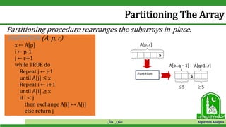 ‫خان‬ ‫سنور‬ Algorithm Analysis
Partitioning The Array
PARTITION (A, p, r)
x ← A[p]
i ← p-1
j ← r+1
while TRUE do
Repeat j ← j-1
until A[j] ≤ x
Repeat i ← i+1
until A[i] ≥ x
if i < j
then exchange A[i] ↔ A[j]
else return j
5
A[p..r]
A[p..q – 1] A[q+1..r]
 5  5
Partition
5
Partitioning procedure rearranges the subarrays in-place.
 