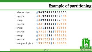 ‫خان‬ ‫سنور‬ Algorithm Analysis
Example of partitioning
• choose pivot: 4 3 6 9 2 4 3 1 2 1 8 9 3 5 6
• search: 4 3 6 9 2 4 3 1 2 1 8 9 3 5 6
• swap: 4 3 3 9 2 4 3 1 2 1 8 9 6 5 6
• search: 4 3 3 9 2 4 3 1 2 1 8 9 6 5 6
• swap: 4 3 3 1 2 4 3 1 2 9 8 9 6 5 6
• search: 4 3 3 1 2 4 3 1 2 9 8 9 6 5 6
• swap: 4 3 3 1 2 2 3 1 4 9 8 9 6 5 6
• search: 4 3 3 1 2 2 3 1 4 9 8 9 6 5 6
• swap with pivot: 1 3 3 1 2 2 3 4 4 9 8 9 6 5 6
 