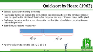 ‫خان‬ ‫سنور‬ Algorithm Analysis
Quicksort by Hoare (1962)
• Select a pivot (partitioning element)
• Rearrange the list so that all the elements in the positions before the pivot are smaller
than or equal to the pivot and those after the pivot are larger than or equal to the pivot
• Exchange the pivot with the last element in the first (i.e., ≤) sublist – the pivot is now
in its final position
• Sort the two sublists recursively
• Apply quicksort to sort the list 7 2 9 10 5 4
p
A[i]≤p A[i]p
 