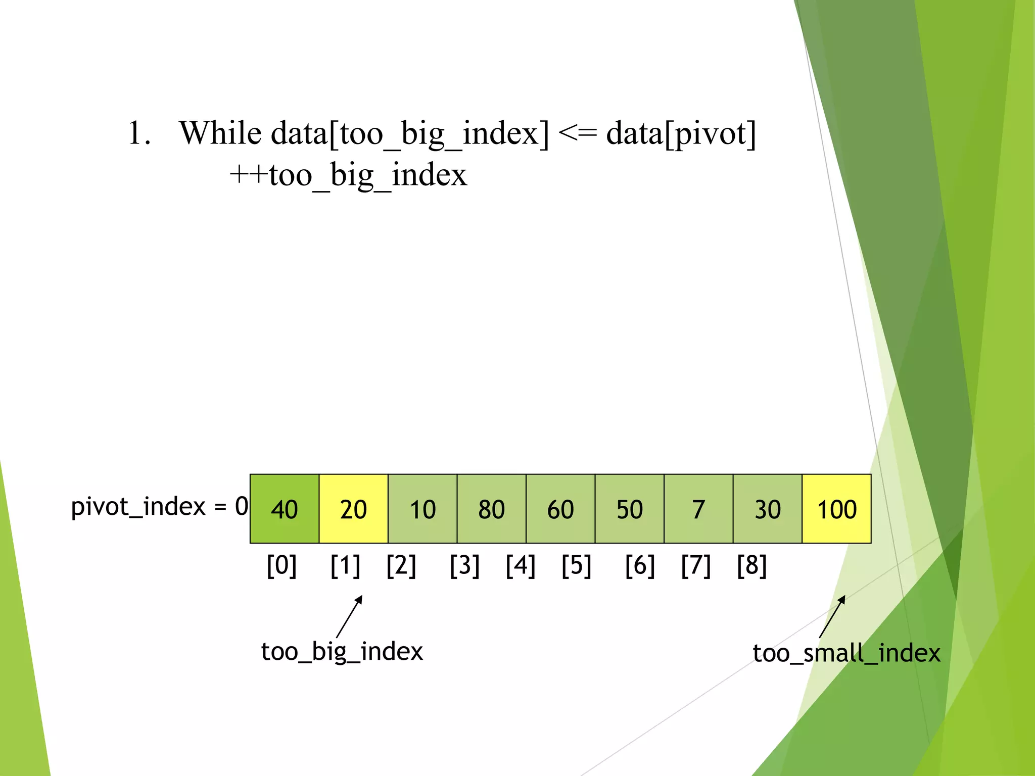 40 20 10 80 60 50 7 30 100
pivot_index = 0
[0] [1] [2] [3] [4] [5] [6] [7] [8]
too_big_index too_small_index
1. While data[too_big_index] <= data[pivot]
++too_big_index
 