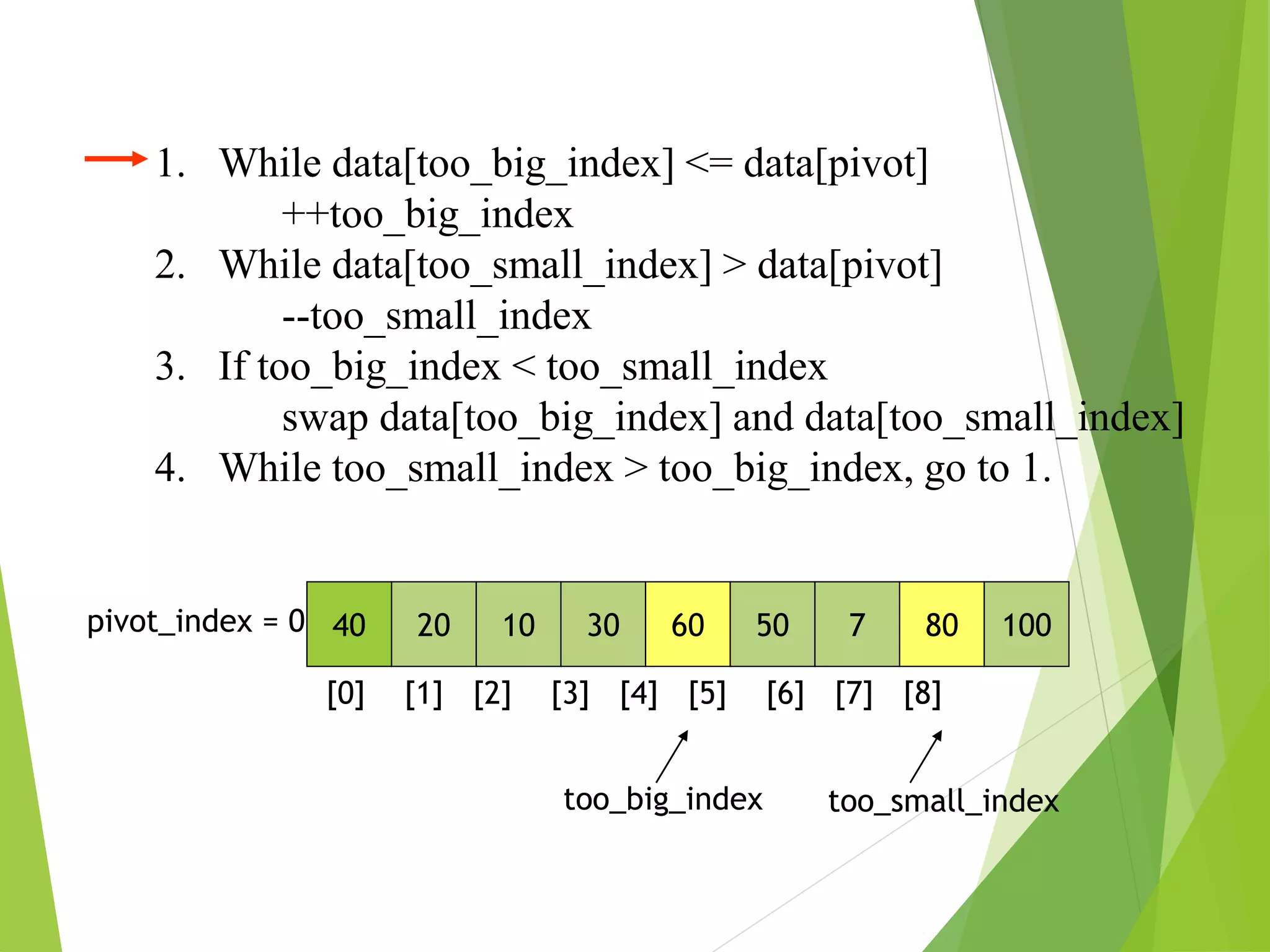 40 20 10 30 60 50 7 80 100
pivot_index = 0
[0] [1] [2] [3] [4] [5] [6] [7] [8]
too_big_index too_small_index
1. While data[too_big_index] <= data[pivot]
++too_big_index
2. While data[too_small_index] > data[pivot]
--too_small_index
3. If too_big_index < too_small_index
swap data[too_big_index] and data[too_small_index]
4. While too_small_index > too_big_index, go to 1.
 