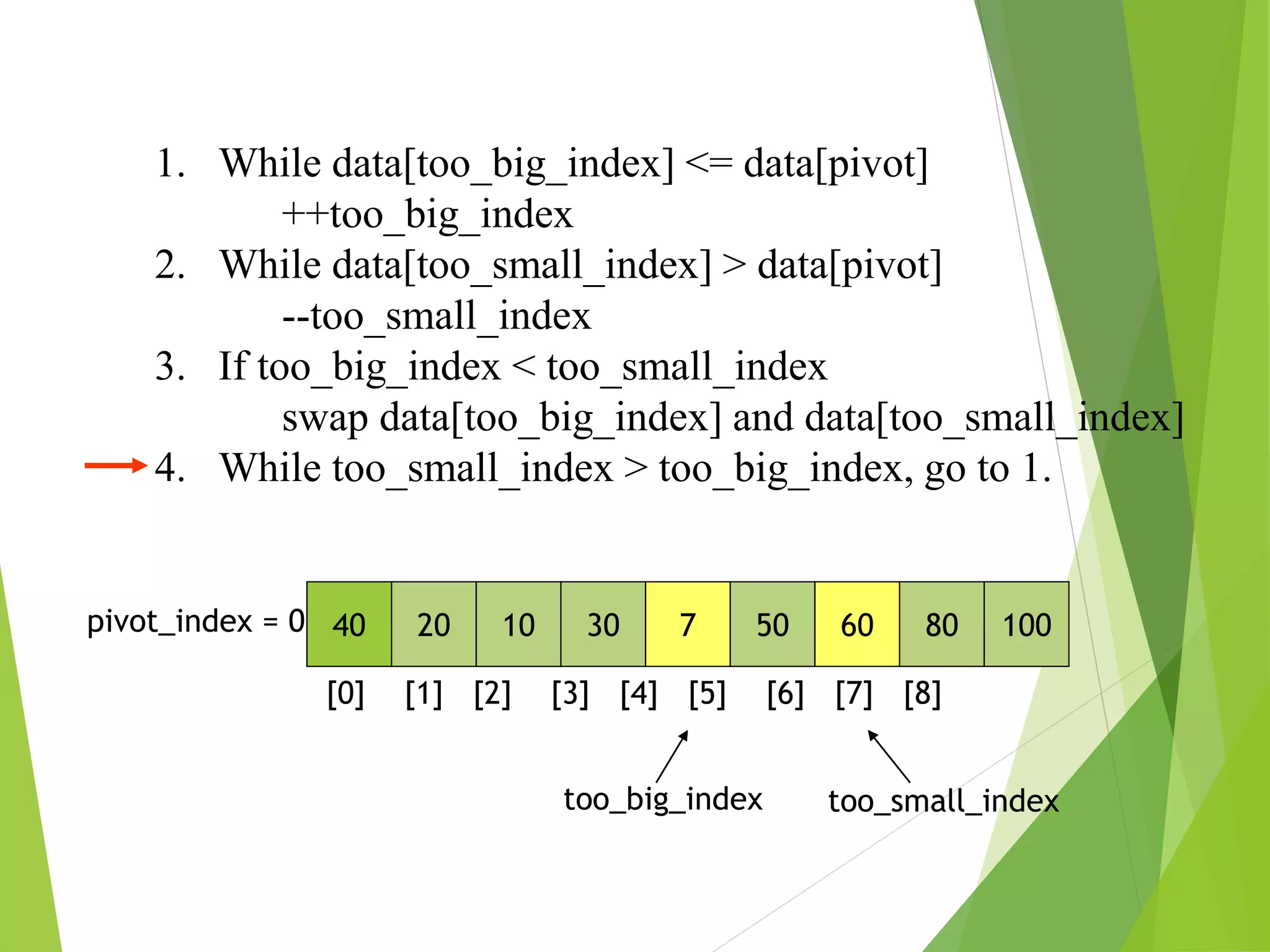1. While data[too_big_index] <= data[pivot]
++too_big_index
2. While data[too_small_index] > data[pivot]
--too_small_index
3. If too_big_index < too_small_index
swap data[too_big_index] and data[too_small_index]
4. While too_small_index > too_big_index, go to 1.
40 20 10 30 7 50 60 80 100
pivot_index = 0
[0] [1] [2] [3] [4] [5] [6] [7] [8]
too_big_index too_small_index
 