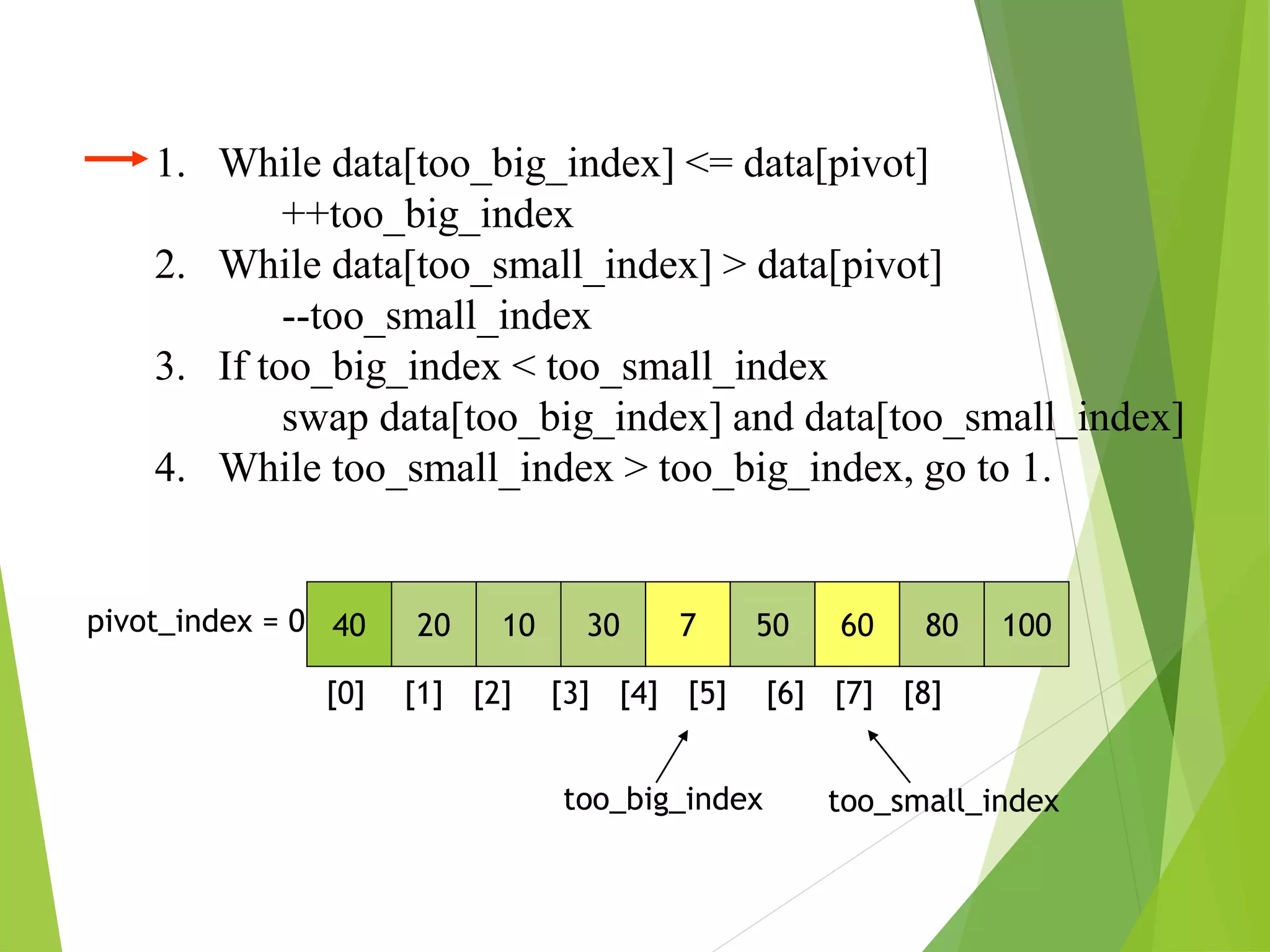 1. While data[too_big_index] <= data[pivot]
++too_big_index
2. While data[too_small_index] > data[pivot]
--too_small_index
3. If too_big_index < too_small_index
swap data[too_big_index] and data[too_small_index]
4. While too_small_index > too_big_index, go to 1.
40 20 10 30 7 50 60 80 100
pivot_index = 0
[0] [1] [2] [3] [4] [5] [6] [7] [8]
too_big_index too_small_index
 