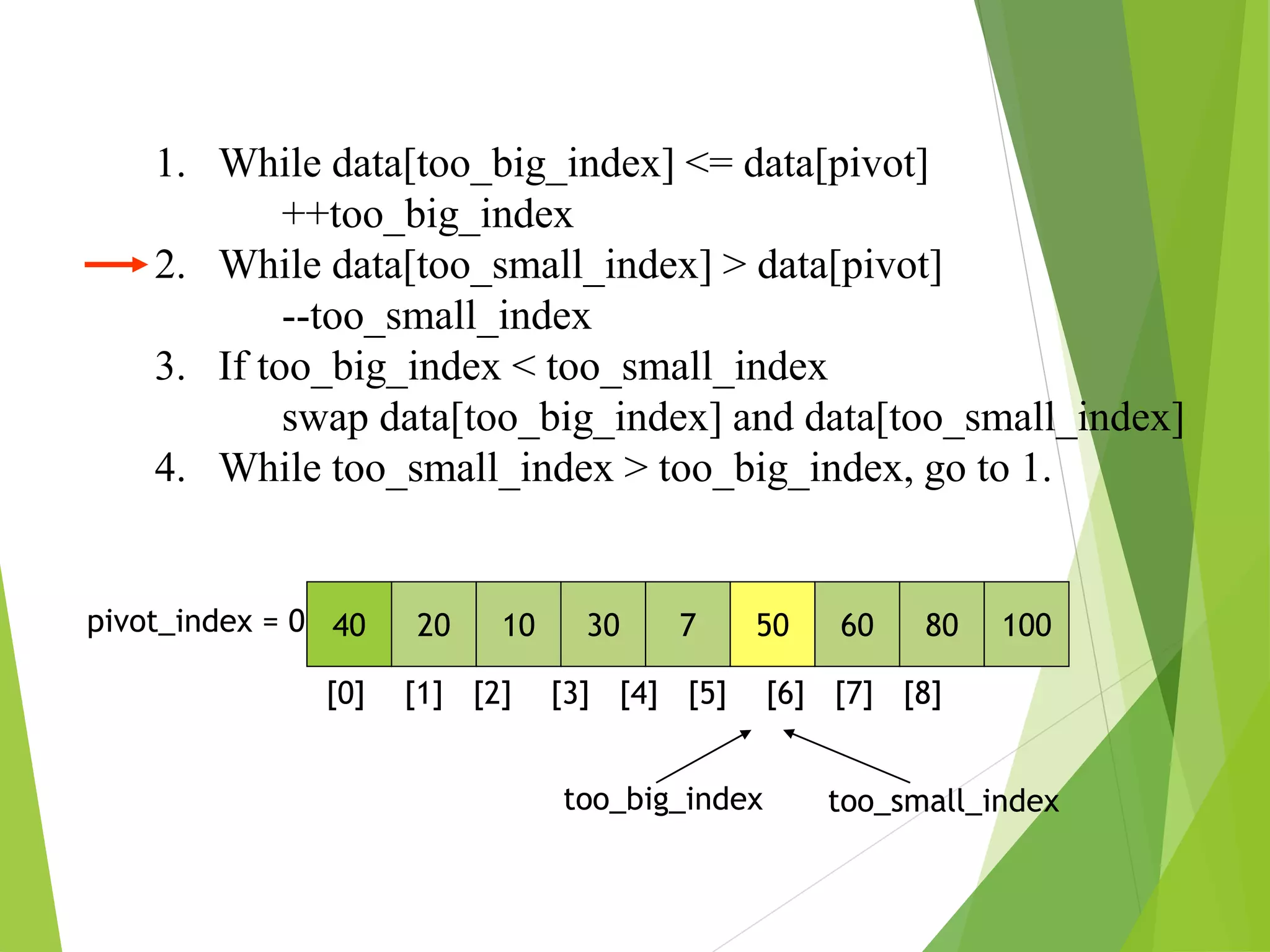 1. While data[too_big_index] <= data[pivot]
++too_big_index
2. While data[too_small_index] > data[pivot]
--too_small_index
3. If too_big_index < too_small_index
swap data[too_big_index] and data[too_small_index]
4. While too_small_index > too_big_index, go to 1.
40 20 10 30 7 50 60 80 100
pivot_index = 0
[0] [1] [2] [3] [4] [5] [6] [7] [8]
too_big_index too_small_index
 