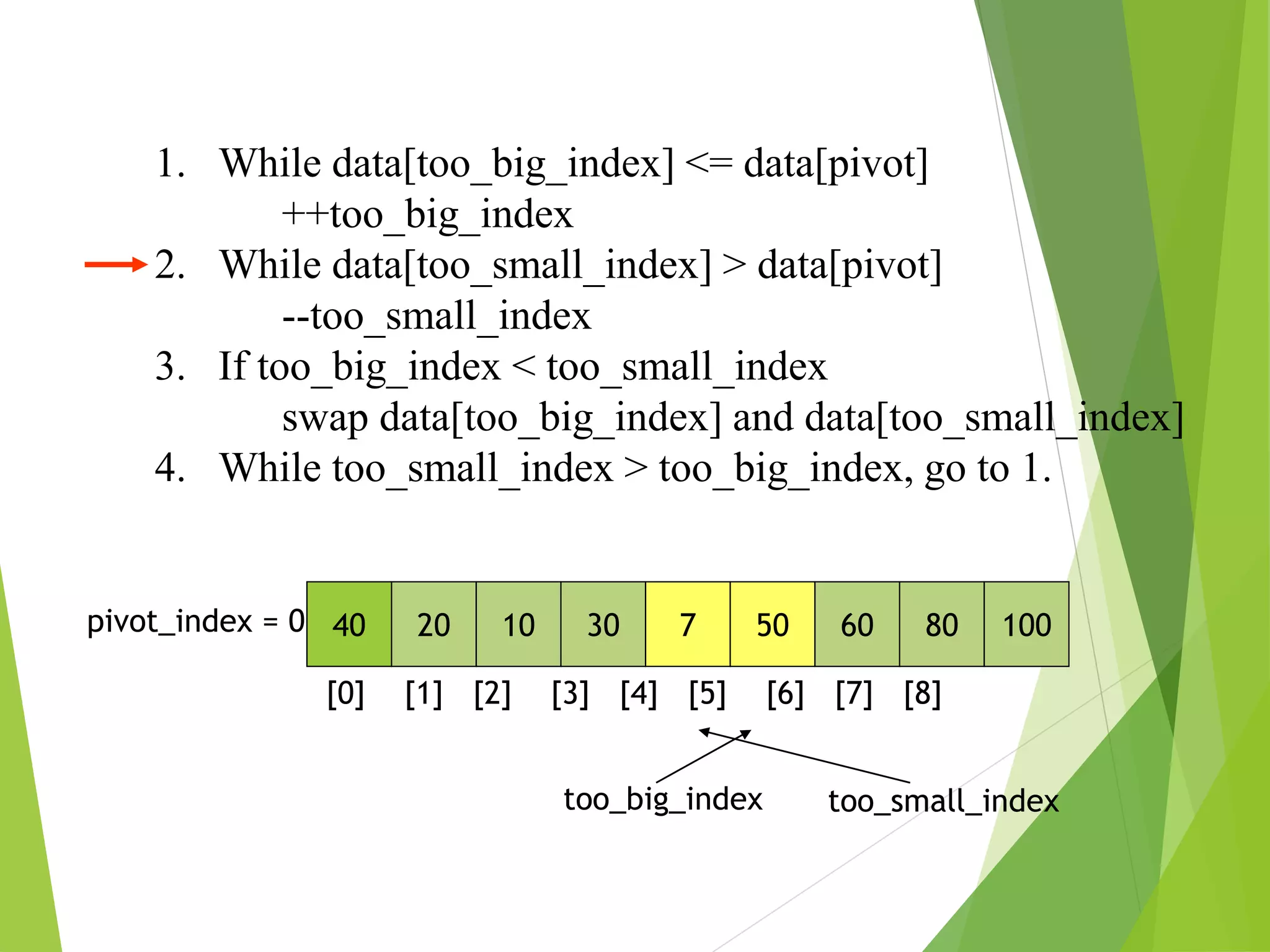 1. While data[too_big_index] <= data[pivot]
++too_big_index
2. While data[too_small_index] > data[pivot]
--too_small_index
3. If too_big_index < too_small_index
swap data[too_big_index] and data[too_small_index]
4. While too_small_index > too_big_index, go to 1.
40 20 10 30 7 50 60 80 100
pivot_index = 0
[0] [1] [2] [3] [4] [5] [6] [7] [8]
too_big_index too_small_index
 