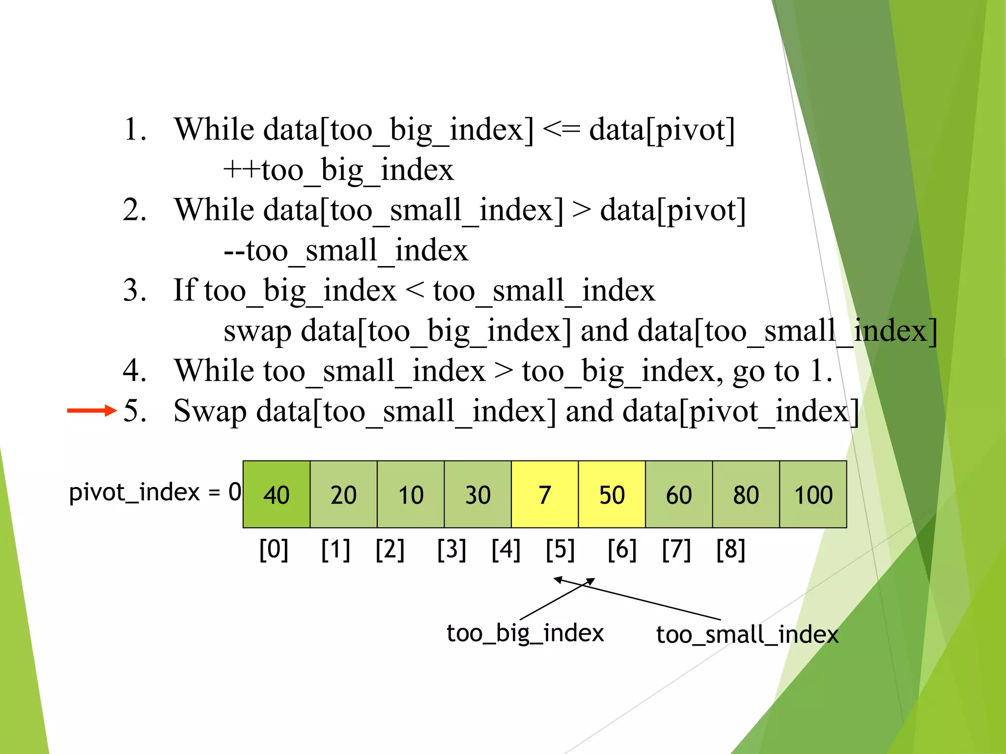 1. While data[too_big_index] <= data[pivot]
++too_big_index
2. While data[too_small_index] > data[pivot]
--too_small_index
3. If too_big_index < too_small_index
swap data[too_big_index] and data[too_small_index]
4. While too_small_index > too_big_index, go to 1.
5. Swap data[too_small_index] and data[pivot_index]
40 20 10 30 7 50 60 80 100
pivot_index = 0
[0] [1] [2] [3] [4] [5] [6] [7] [8]
too_big_index too_small_index
 