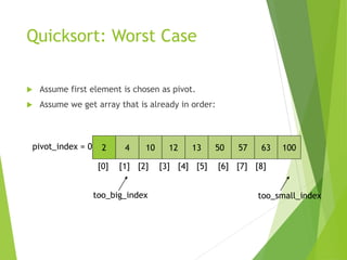 Quicksort: Worst Case
 Assume first element is chosen as pivot.
 Assume we get array that is already in order:
2 4 10 12 13 50 57 63 100
pivot_index = 0
[0] [1] [2] [3] [4] [5] [6] [7] [8]
too_big_index too_small_index
 