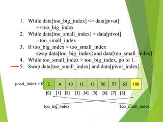 1. While data[too_big_index] <= data[pivot]
++too_big_index
2. While data[too_small_index] > data[pivot]
--too_small_index
3. If too_big_index < too_small_index
swap data[too_big_index] and data[too_small_index]
4. While too_small_index > too_big_index, go to 1.
5. Swap data[too_small_index] and data[pivot_index]
2 4 10 12 13 50 57 63 100
pivot_index = 0
[0] [1] [2] [3] [4] [5] [6] [7] [8]
too_big_index too_small_index
 
