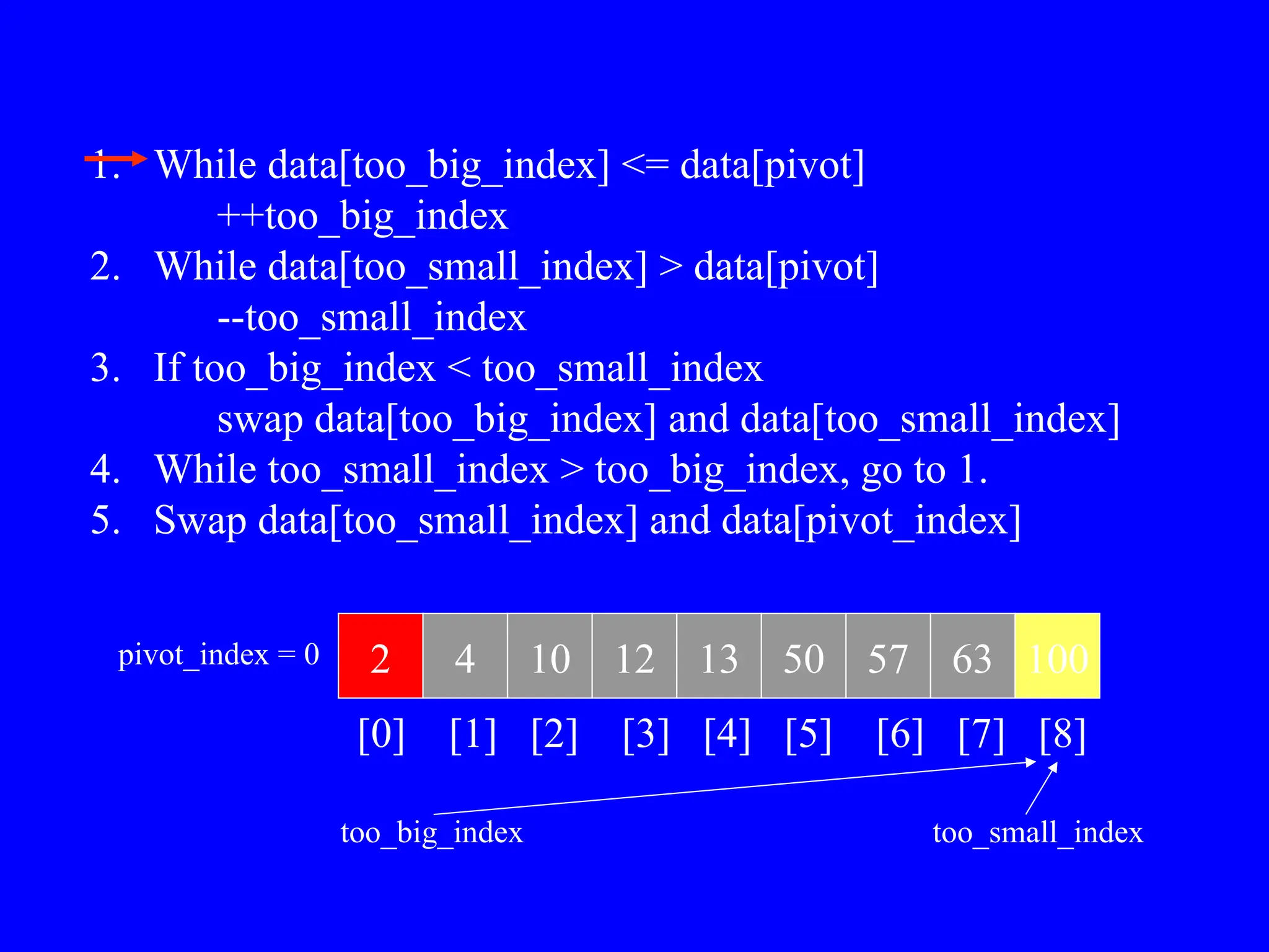 1. While data[too_big_index] <= data[pivot]
++too_big_index
2. While data[too_small_index] > data[pivot]
--too_small_index
3. If too_big_index < too_small_index
swap data[too_big_index] and data[too_small_index]
4. While too_small_index > too_big_index, go to 1.
5. Swap data[too_small_index] and data[pivot_index]
2 4 10 12 13 50 57 63 100
pivot_index = 0
[0] [1] [2] [3] [4] [5] [6] [7] [8]
too_big_index too_small_index
 