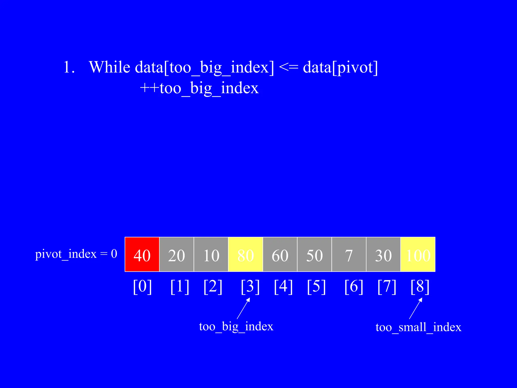 40 20 10 80 60 50 7 30 100
pivot_index = 0
[0] [1] [2] [3] [4] [5] [6] [7] [8]
too_big_index too_small_index
1. While data[too_big_index] <= data[pivot]
++too_big_index
 