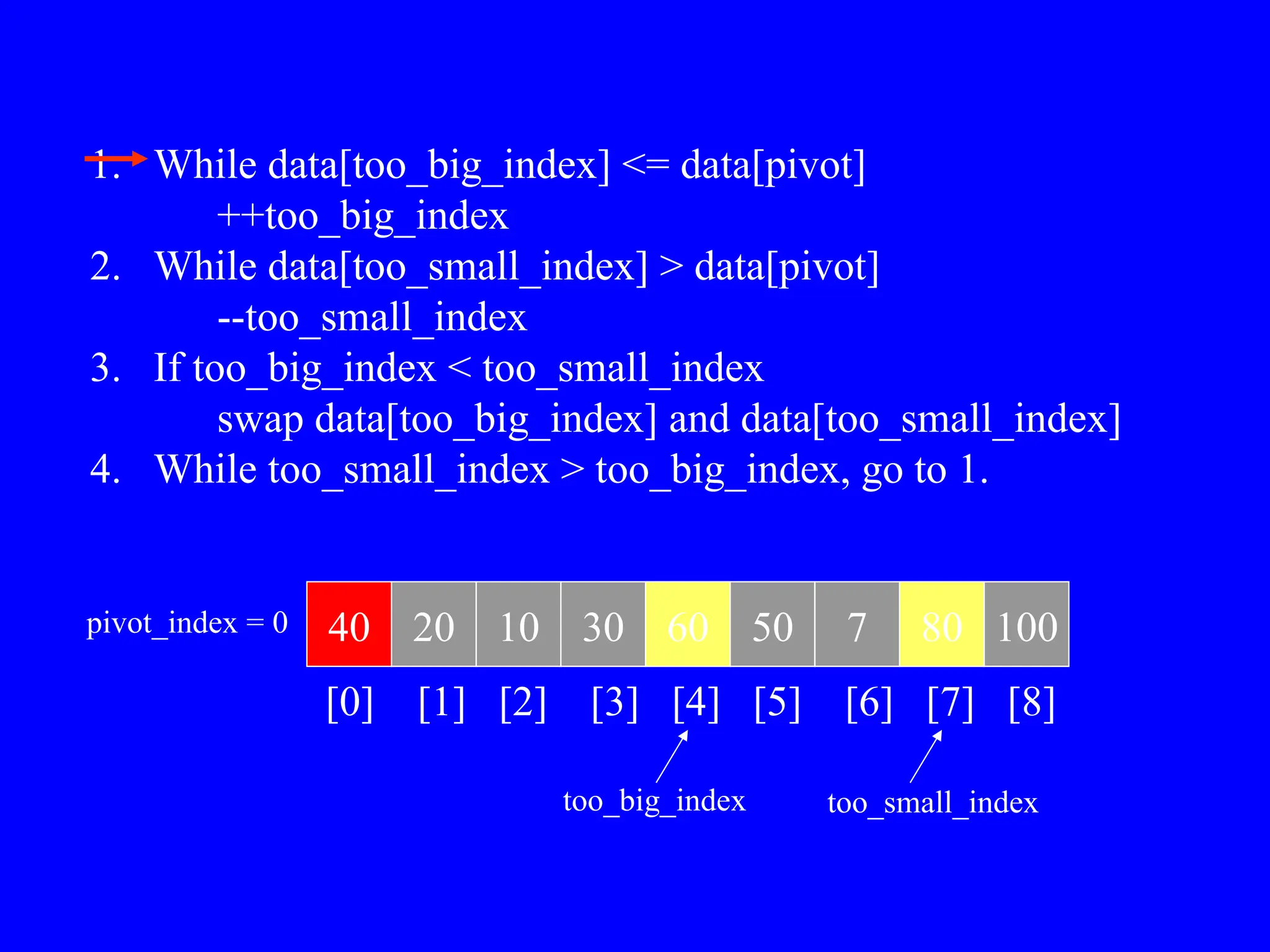 40 20 10 30 60 50 7 80 100
pivot_index = 0
[0] [1] [2] [3] [4] [5] [6] [7] [8]
too_big_index too_small_index
1. While data[too_big_index] <= data[pivot]
++too_big_index
2. While data[too_small_index] > data[pivot]
--too_small_index
3. If too_big_index < too_small_index
swap data[too_big_index] and data[too_small_index]
4. While too_small_index > too_big_index, go to 1.
 
