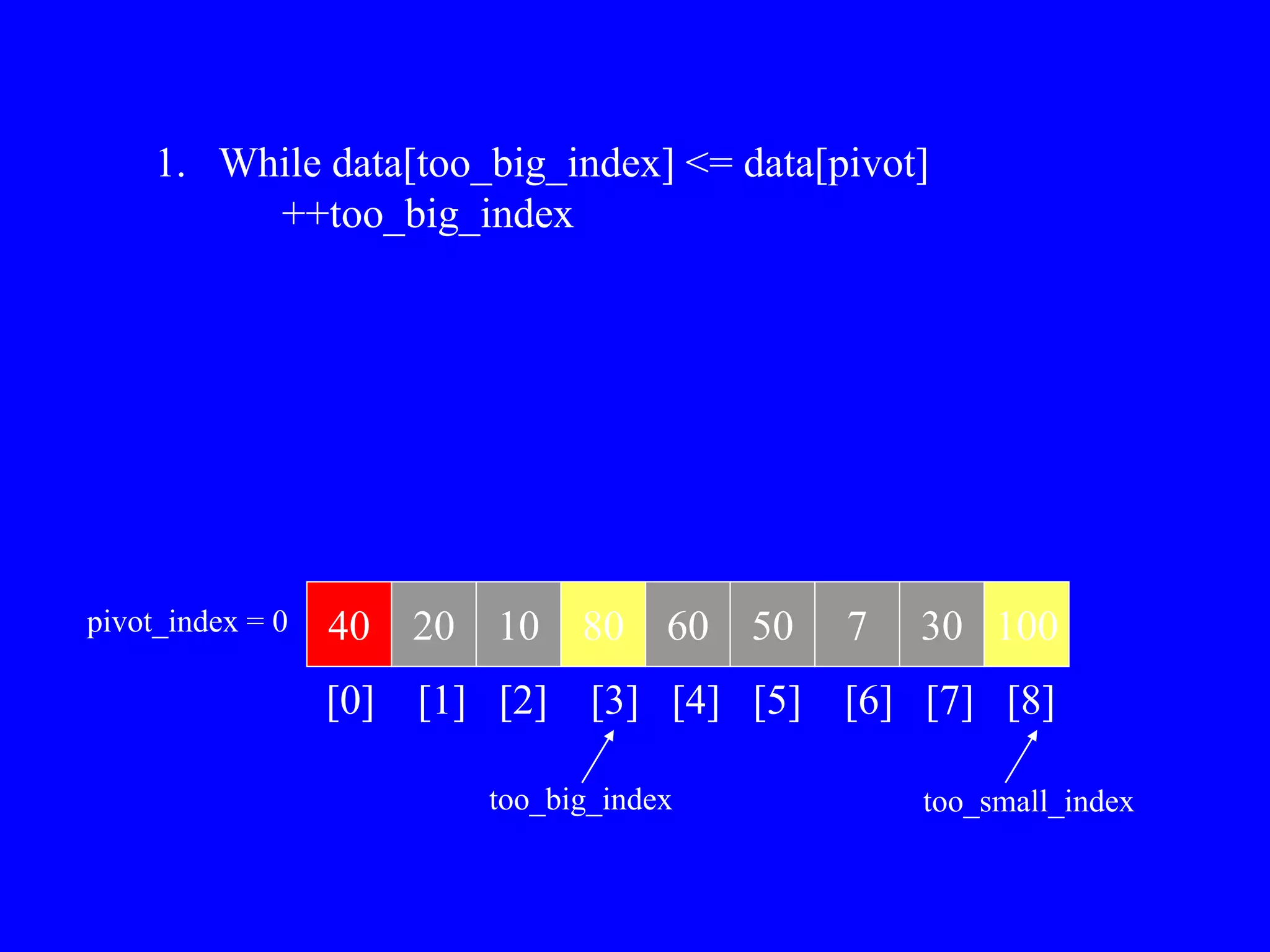 40 20 10 80 60 50 7 30 100
pivot_index = 0
[0] [1] [2] [3] [4] [5] [6] [7] [8]
too_big_index too_small_index
1. While data[too_big_index] <= data[pivot]
++too_big_index
 