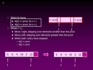 13
 Want to have
 A[x] <= pivot, for x < i
 A[x] >= pivot, for x > j
 When i < j
 Move i right, skipping over elements smaller than the pivot
 Move j left, skipping over elements greater than the pivot
 When both i and j have stopped
A[i] >= pivot
A[j] <= pivot
i j
5 6 4 6
3 12
19
i j
5 6 4 6
3 12
19
i j
<= pivot >= pivot
 