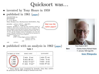 Quicksort was…
• invented by Tony Hoare in 1959
• published in 1961 (paper) 
 
 
 
 
 
• published with an analysis in 1962 (paper) 
 
 
 
 
 
from Wikipedia
that was the
entire paper!
 