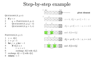Step-by-step exampleCombine: Because the subarrays are already sorted, no work is needed to combine
them: the entire array AŒp : : r is now sorted.
The following procedure implements quicksort:
QUICKSORT.A; p; r/
1 if p < r
2 q D PARTITION.A; p; r/
3 QUICKSORT.A; p; q 1/
4 QUICKSORT.A; q C 1; r/
To sort an entire array A, the initial call is QUICKSORT.A; 1; A:length/.
Partitioning the array
The key to the algorithm is the PARTITION procedure, which rearranges the subar-
ray AŒp : : r in place.
PARTITION.A; p; r/
1 x D AŒr
2 i D p 1
3 for j D p to r 1
4 if AŒj  Ä x
5 i D i C 1
6 exchange AŒi with AŒj 
7 exchange AŒi C 1 with AŒr
8 return i C 1
QUICKSORT.A; p; r/
1 if p < r
2 q D PARTITION.A; p; r/
3 QUICKSORT.A; p; q 1/
4 QUICKSORT.A; q C 1; r/
To sort an entire array A, the initial call is QUICKSORT.A; 1; A:length/.
Partitioning the array
The key to the algorithm is the PARTITION procedure, which rearranges the subar-
ray AŒp : : r in place.
PARTITION.A; p; r/
1 x D AŒr
2 i D p 1
3 for j D p to r 1
4 if AŒj  Ä x
5 i D i C 1
6 exchange AŒi with AŒj 
7 exchange AŒi C 1 with AŒr
8 return i C 1
Figure 7.1 shows how PARTITION works on an 8-element array. PARTITION
always selects an element x D AŒr as a pivot element around which to partition the
subarray AŒp : : r. As the procedure runs, it partitions the array into four (possibly
empty) regions. At the start of each iteration of the for loop in lines 3–6, the regions
i j
6 5 1 3 2 4
i j
6 5 1 3 2 4
i j
1 5 6 3 2 4
i j
1 5 6 3 2 4
i j
1 3 6 5 2 4
x = 4, A[j = p+1] = 5 > x
A[j = p+2] = 1 < x, i = i+1
and A[i]↔A[j]
A[j = p+3] = 3 < x, i = i+1
and A[i]↔A[j]
i p,j r,x
6 5 1 3 2 4 pivot element
 