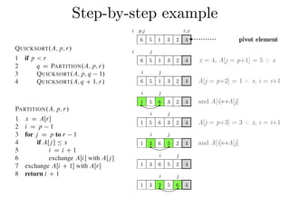 Step-by-step exampleCombine: Because the subarrays are already sorted, no work is needed to combine
them: the entire array AŒp : : r is now sorted.
The following procedure implements quicksort:
QUICKSORT.A; p; r/
1 if p < r
2 q D PARTITION.A; p; r/
3 QUICKSORT.A; p; q 1/
4 QUICKSORT.A; q C 1; r/
To sort an entire array A, the initial call is QUICKSORT.A; 1; A:length/.
Partitioning the array
The key to the algorithm is the PARTITION procedure, which rearranges the subar-
ray AŒp : : r in place.
PARTITION.A; p; r/
1 x D AŒr
2 i D p 1
3 for j D p to r 1
4 if AŒj  Ä x
5 i D i C 1
6 exchange AŒi with AŒj 
7 exchange AŒi C 1 with AŒr
8 return i C 1
QUICKSORT.A; p; r/
1 if p < r
2 q D PARTITION.A; p; r/
3 QUICKSORT.A; p; q 1/
4 QUICKSORT.A; q C 1; r/
To sort an entire array A, the initial call is QUICKSORT.A; 1; A:length/.
Partitioning the array
The key to the algorithm is the PARTITION procedure, which rearranges the subar-
ray AŒp : : r in place.
PARTITION.A; p; r/
1 x D AŒr
2 i D p 1
3 for j D p to r 1
4 if AŒj  Ä x
5 i D i C 1
6 exchange AŒi with AŒj 
7 exchange AŒi C 1 with AŒr
8 return i C 1
Figure 7.1 shows how PARTITION works on an 8-element array. PARTITION
always selects an element x D AŒr as a pivot element around which to partition the
subarray AŒp : : r. As the procedure runs, it partitions the array into four (possibly
empty) regions. At the start of each iteration of the for loop in lines 3–6, the regions
i j
6 5 1 3 2 4
i j
6 5 1 3 2 4
i j
1 5 6 3 2 4
i j
1 5 6 3 2 4
i j
1 3 6 5 2 4
i j
1 3 6 5 2 4
i j
1 3 2 5 6 4
x = 4, A[j = p+1] = 5 > x
A[j = p+2] = 1 < x, i = i+1
and A[i]↔A[j]
A[j = p+3] = 3 < x, i = i+1
and A[i]↔A[j]
i p,j r,x
6 5 1 3 2 4 pivot element
 
