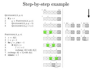 Step-by-step exampleCombine: Because the subarrays are already sorted, no work is needed to combine
them: the entire array AŒp : : r is now sorted.
The following procedure implements quicksort:
QUICKSORT.A; p; r/
1 if p < r
2 q D PARTITION.A; p; r/
3 QUICKSORT.A; p; q 1/
4 QUICKSORT.A; q C 1; r/
To sort an entire array A, the initial call is QUICKSORT.A; 1; A:length/.
Partitioning the array
The key to the algorithm is the PARTITION procedure, which rearranges the subar-
ray AŒp : : r in place.
PARTITION.A; p; r/
1 x D AŒr
2 i D p 1
3 for j D p to r 1
4 if AŒj  Ä x
5 i D i C 1
6 exchange AŒi with AŒj 
7 exchange AŒi C 1 with AŒr
8 return i C 1
QUICKSORT.A; p; r/
1 if p < r
2 q D PARTITION.A; p; r/
3 QUICKSORT.A; p; q 1/
4 QUICKSORT.A; q C 1; r/
To sort an entire array A, the initial call is QUICKSORT.A; 1; A:length/.
Partitioning the array
The key to the algorithm is the PARTITION procedure, which rearranges the subar-
ray AŒp : : r in place.
PARTITION.A; p; r/
1 x D AŒr
2 i D p 1
3 for j D p to r 1
4 if AŒj  Ä x
5 i D i C 1
6 exchange AŒi with AŒj 
7 exchange AŒi C 1 with AŒr
8 return i C 1
Figure 7.1 shows how PARTITION works on an 8-element array. PARTITION
always selects an element x D AŒr as a pivot element around which to partition the
subarray AŒp : : r. As the procedure runs, it partitions the array into four (possibly
empty) regions. At the start of each iteration of the for loop in lines 3–6, the regions
i j i j
1 3 2 4 5 6
i p,j r,x
6 5 1 3 2 4
i j
6 5 1 3 2 4
i j
6 5 1 3 2 4
i j
1 5 6 3 2 4
i j
1 5 6 3 2 4
i j
1 3 6 5 2 4
i j
1 3 6 5 2 4
i j
1 3 2 5 6 4
i j
1 3 2 4 6 5
i,j i j
1 3 2 4 6 5
i p,j r,x i p,j r,x
1 3 2 4 6 5
 