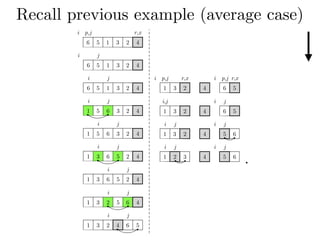 Recall previous example (average case)
i j i j
1 2 3 4 5 6
i p,j r,x
6 5 1 3 2 4
i j
6 5 1 3 2 4
i j
6 5 1 3 2 4
i j
1 5 6 3 2 4
i j
1 5 6 3 2 4
i j
1 3 6 5 2 4
i j
1 3 6 5 2 4
i j
1 3 2 5 6 4
i j
1 3 2 4 6 5
i j i j
1 3 2 4 5 6
i,j i j
1 3 2 4 6 5
i p,j r,x i p,j r,x
1 3 2 4 6 5
.
 