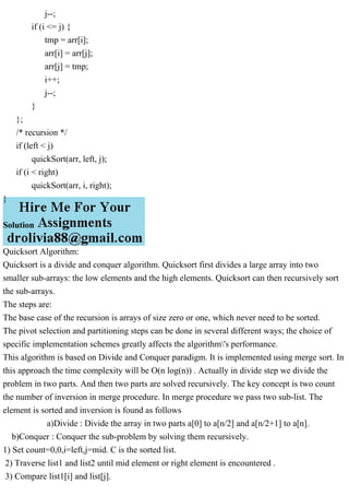 Quicksort AlgorithmQuicksort is a divide and conquer algorithm. Q.pdf