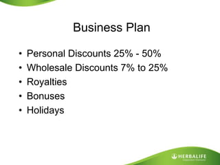 Business PlanPersonal Discounts 25% - 50%Wholesale Discounts 7% to 25%RoyaltiesBonusesHolidays