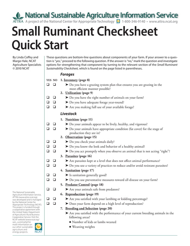Small Ruminant Checksheet Quick Start | PDF