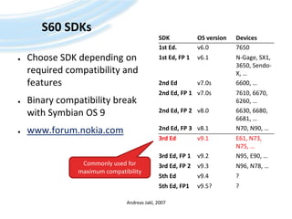 S60 SDKsChoose SDK depending on required compatibility and featuresBinary compatibility break with Symbian OS 9www.forum.nokia.comAndreas Jakl, 2007Commonly used for maximum compatibility