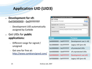 Application UID (UID3)Development for v9: 0xE0000000 - 0xEFFFFFFFDevelopment UID automatically assigned by CarbideGet UIDs for public applications:Different range for signed / unsignedGet one for free at: http://www.symbiansigned.com/Andreas Jakl, 200725