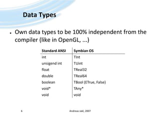 Data TypesOwn data types to be 100% independent from the compiler (like in OpenGL, ...)Andreas Jakl, 20076