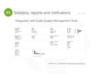 19
Integration with Code Quality Management Tools
Statistics, reports and notiﬁcations
Reference: [1] Sonarqube: http://www.sonarqube.org
03
 