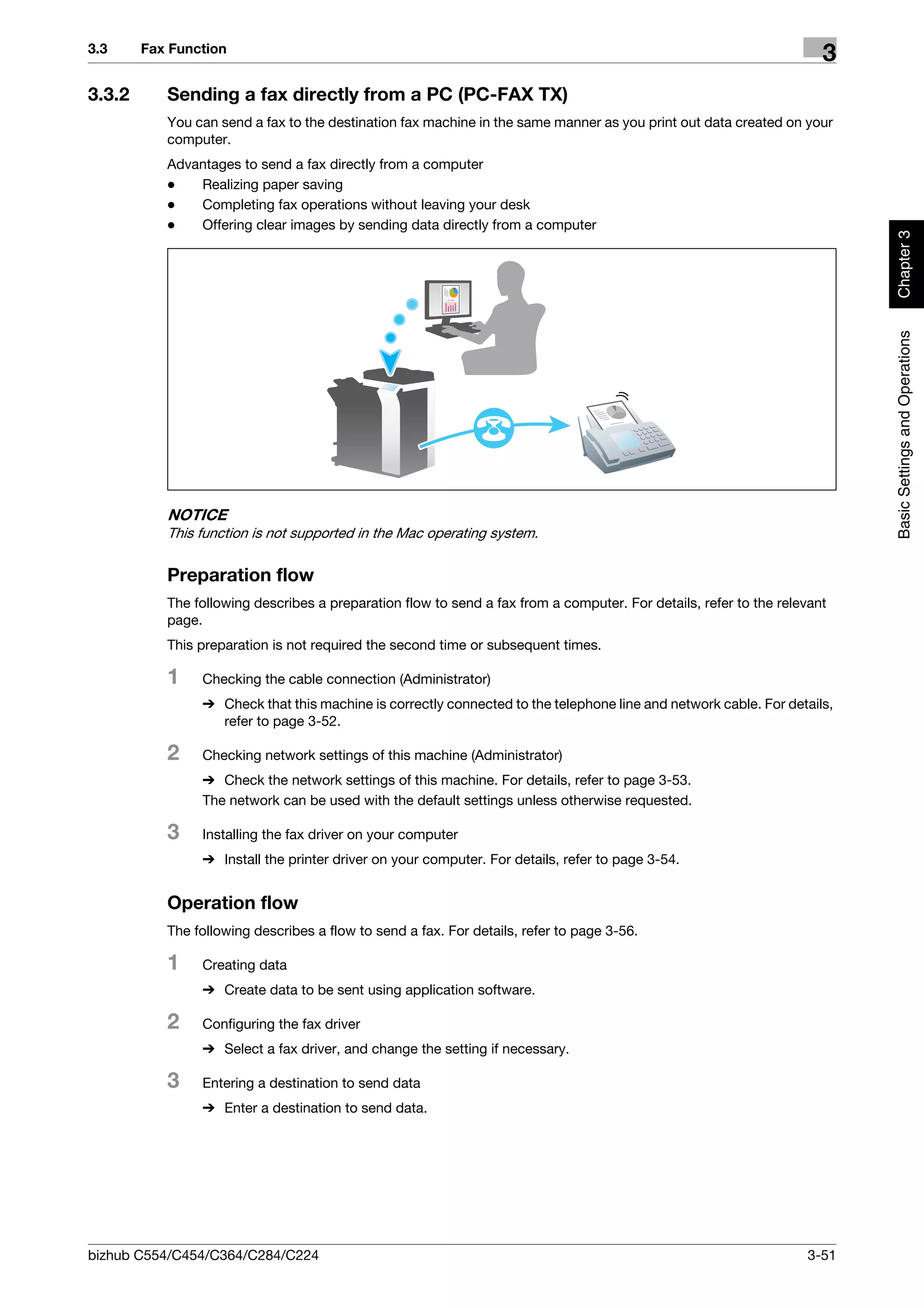 3.3     Fax Function
                                                                                                                      3
3.3.2      Sending a fax directly from a PC (PC-FAX TX)
           You can send a fax to the destination fax machine in the same manner as you print out data created on your
           computer.
           Advantages to send a fax directly from a computer
           -   Realizing paper saving
           -   Completing fax operations without leaving your desk
           -   Offering clear images by sending data directly from a computer




                                                                                                                          Chapter 3
                                                                                                                          Basic Settings and Operations
           NOTICE
           This function is not supported in the Mac operating system.

           Preparation flow
           The following describes a preparation flow to send a fax from a computer. For details, refer to the relevant
           page.
           This preparation is not required the second time or subsequent times.

           1    Checking the cable connection (Administrator)
                % Check that this machine is correctly connected to the telephone line and network cable. For details,
                  refer to page 3-52.

           2    Checking network settings of this machine (Administrator)
                % Check the network settings of this machine. For details, refer to page 3-53.
                The network can be used with the default settings unless otherwise requested.

           3    Installing the fax driver on your computer
                % Install the printer driver on your computer. For details, refer to page 3-54.


           Operation flow
           The following describes a flow to send a fax. For details, refer to page 3-56.

           1    Creating data
                % Create data to be sent using application software.

           2    Configuring the fax driver
                % Select a fax driver, and change the setting if necessary.

           3    Entering a destination to send data
                % Enter a destination to send data.




bizhub C554/C454/C364/C284/C224                                                                                    3-51
 