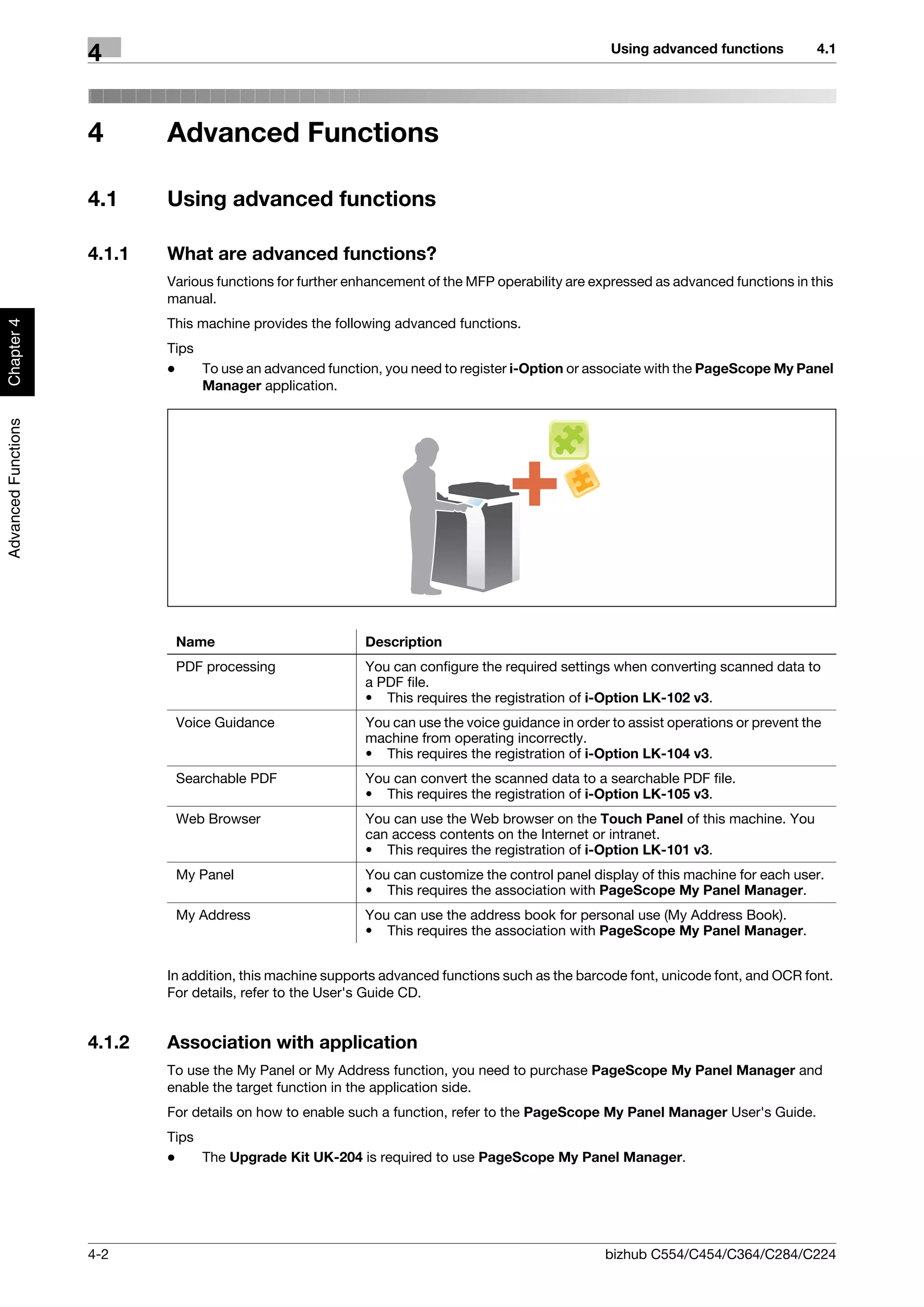 Using advanced functions          4.1
                     4


                     4       Advanced Functions

                     4.1     Using advanced functions

                     4.1.1   What are advanced functions?
                             Various functions for further enhancement of the MFP operability are expressed as advanced functions in this
                             manual.
                             This machine provides the following advanced functions.
Chapter 4




                             Tips
                             -    To use an advanced function, you need to register i-Option or associate with the PageScope My Panel
                                  Manager application.
Advanced Functions




                              Name                           Description
                              PDF processing                 You can configure the required settings when converting scanned data to
                                                             a PDF file.
                                                             • This requires the registration of i-Option LK-102 v3.
                              Voice Guidance                 You can use the voice guidance in order to assist operations or prevent the
                                                             machine from operating incorrectly.
                                                             • This requires the registration of i-Option LK-104 v3.
                              Searchable PDF                 You can convert the scanned data to a searchable PDF file.
                                                             • This requires the registration of i-Option LK-105 v3.
                              Web Browser                    You can use the Web browser on the Touch Panel of this machine. You
                                                             can access contents on the Internet or intranet.
                                                             • This requires the registration of i-Option LK-101 v3.
                              My Panel                       You can customize the control panel display of this machine for each user.
                                                             • This requires the association with PageScope My Panel Manager.
                              My Address                     You can use the address book for personal use (My Address Book).
                                                             • This requires the association with PageScope My Panel Manager.


                             In addition, this machine supports advanced functions such as the barcode font, unicode font, and OCR font.
                             For details, refer to the User's Guide CD.


                     4.1.2   Association with application
                             To use the My Panel or My Address function, you need to purchase PageScope My Panel Manager and
                             enable the target function in the application side.
                             For details on how to enable such a function, refer to the PageScope My Panel Manager User's Guide.
                             Tips
                             -    The Upgrade Kit UK-204 is required to use PageScope My Panel Manager.




                     4-2                                                                            bizhub C554/C454/C364/C284/C224
 