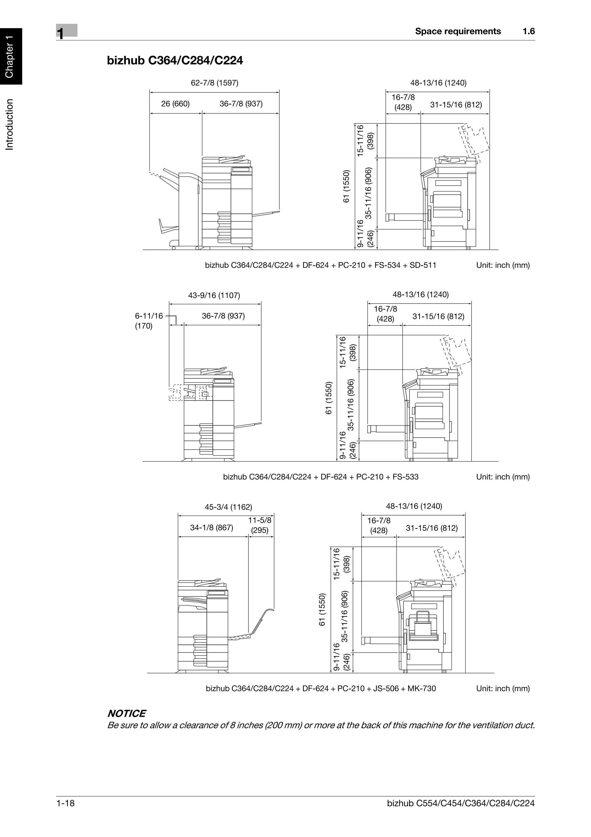 Space requirements         1.6
               1
Chapter 1




                      bizhub C364/C284/C224
                                               62-7/8 (1597)                                                                                                  48-13/16 (1240)
                                                                                                                                                         16-7/8
Introduction




                                    26 (660)           36-7/8 (937)                                                                                       (428)      31-15/16 (812)




                                                                                                                                 15-11/16
                                                                                                                                   (398)
                                                                                                                                 (246) 35-11/16 (906)
                                                                                                              61 (1550)
                                                                                                                                 9-11/16
                                                   bizhub C364/C284/C224 + DF-624 + PC-210 + FS-534 + SD-511                                                                     Unit: inch (mm)


                                           43-9/16 (1107)                                                                                                48-13/16 (1240)
                                                                                                                                                    16-7/8
                             6-11/16              36-7/8 (937)                                                                                       (428)     31-15/16 (812)
                             (170)

                                                                                                          15-11/16
                                                                                                            (398)
                                                                                                          (246) 35-11/16 (906)
                                                                                       61 (1550)
                                                                                                          9-11/16




                                                        bizhub C364/C284/C224 + DF-624 + PC-210 + FS-533                                                                         Unit: inch (mm)


                                                   45-3/4 (1162)                                                                                        48-13/16 (1240)
                                                                 11-5/8                                                                     16-7/8
                                               34-1/8 (867)       (295)                                                                      (428)           31-15/16 (812)
                                                                                                   15-11/16
                                                                                                     (398)
                                                                                                   (246) 35-11/16 (906)
                                                                               61 (1550)
                                                                                                   9-11/16




                                                   bizhub C364/C284/C224 + DF-624 + PC-210 + JS-506 + MK-730                                                                     Unit: inch (mm)


                      NOTICE
                      Be sure to allow a clearance of 8 inches (200 mm) or more at the back of this machine for the ventilation duct.




               1-18                                                                                                                                     bizhub C554/C454/C364/C284/C224
 