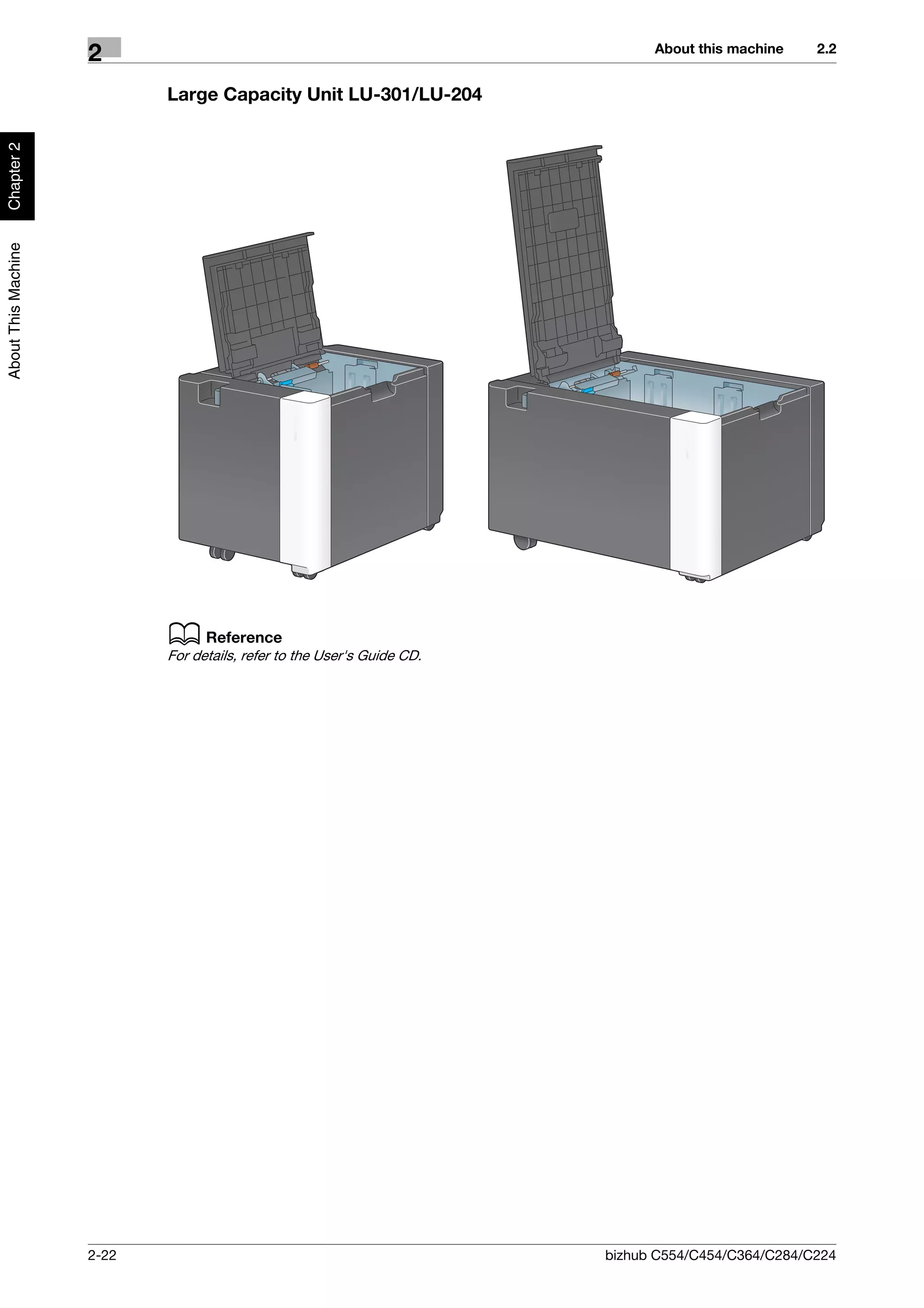 About this machine    2.2
                     2
                            Large Capacity Unit LU-301/LU-204
Chapter 2
About This Machine




                            d Reference
                            For details, refer to the User's Guide CD.




                     2-22                                                bizhub C554/C454/C364/C284/C224
 