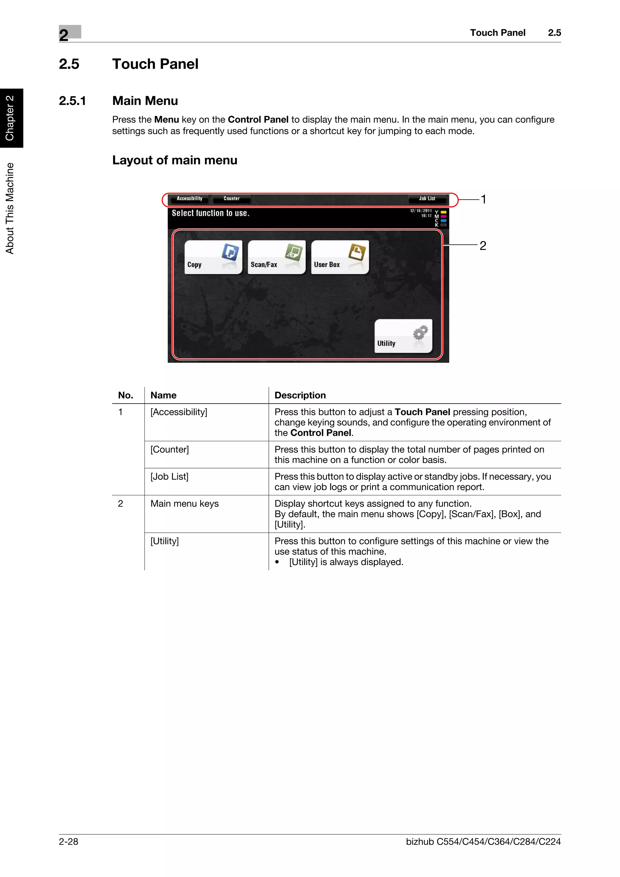 Touch Panel         2.5
                     2
                     2.5     Touch Panel
Chapter 2




                     2.5.1   Main Menu
                             Press the Menu key on the Control Panel to display the main menu. In the main menu, you can configure
                             settings such as frequently used functions or a shortcut key for jumping to each mode.


                             Layout of main menu
About This Machine




                                                                                                                      1


                                                                                                                     2




                              No.    Name                         Description
                              1      [Accessibility]              Press this button to adjust a Touch Panel pressing position,
                                                                  change keying sounds, and configure the operating environment of
                                                                  the Control Panel.
                                     [Counter]                    Press this button to display the total number of pages printed on
                                                                  this machine on a function or color basis.
                                     [Job List]                   Press this button to display active or standby jobs. If necessary, you
                                                                  can view job logs or print a communication report.
                              2      Main menu keys               Display shortcut keys assigned to any function.
                                                                  By default, the main menu shows [Copy], [Scan/Fax], [Box], and
                                                                  [Utility].
                                     [Utility]                    Press this button to configure settings of this machine or view the
                                                                  use status of this machine.
                                                                  • [Utility] is always displayed.




                     2-28                                                                          bizhub C554/C454/C364/C284/C224
 