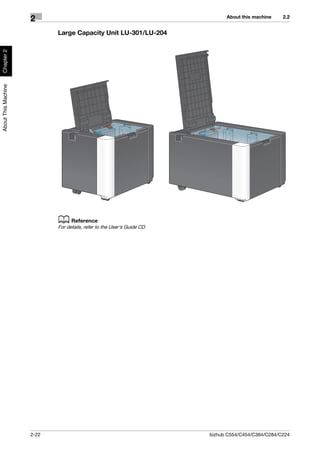 About this machine    2.2
                     2
                            Large Capacity Unit LU-301/LU-204
Chapter 2
About This Machine




                            d Reference
                            For details, refer to the User's Guide CD.




                     2-22                                                bizhub C554/C454/C364/C284/C224
 