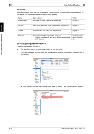 Scan-to-Send function     3.2
                                3
                                       Checklist
                                       While making notes in the checklist shown below, check computer information and configure settings for
                                       preparation. The completed checklist is used for Store Address.

                                        Name                   Entry column                                                  Detail
                                        Host Address           IP address to which the scanned data is sent                  page 3-32
Chapter 3




                                        File Path              Name of the dedicated folder to receive the scanned data      page 3-33


                                        User ID                User name required to log in to the computer                  page 3-32
Basic Settings and Operations




                                        Password               Password required to log in to the computer                   Contact your sys-
                                                               • Entering the password here is not recommended for se-       tem administra-
                                                                  curity reasons.                                            tor.


                                       Checking computer information
                                       Check the host address and user ID.
                                       0    This operation requires administrator privileges for your computer.

                                       1    Check the IP address and user name, and write it down in the Host Address and User ID columns of
                                            the checklist.




                                            % In the following example, the computer name is set to "User01", and the user name to "User01".




                                3-32                                                                          bizhub C554/C454/C364/C284/C224
 