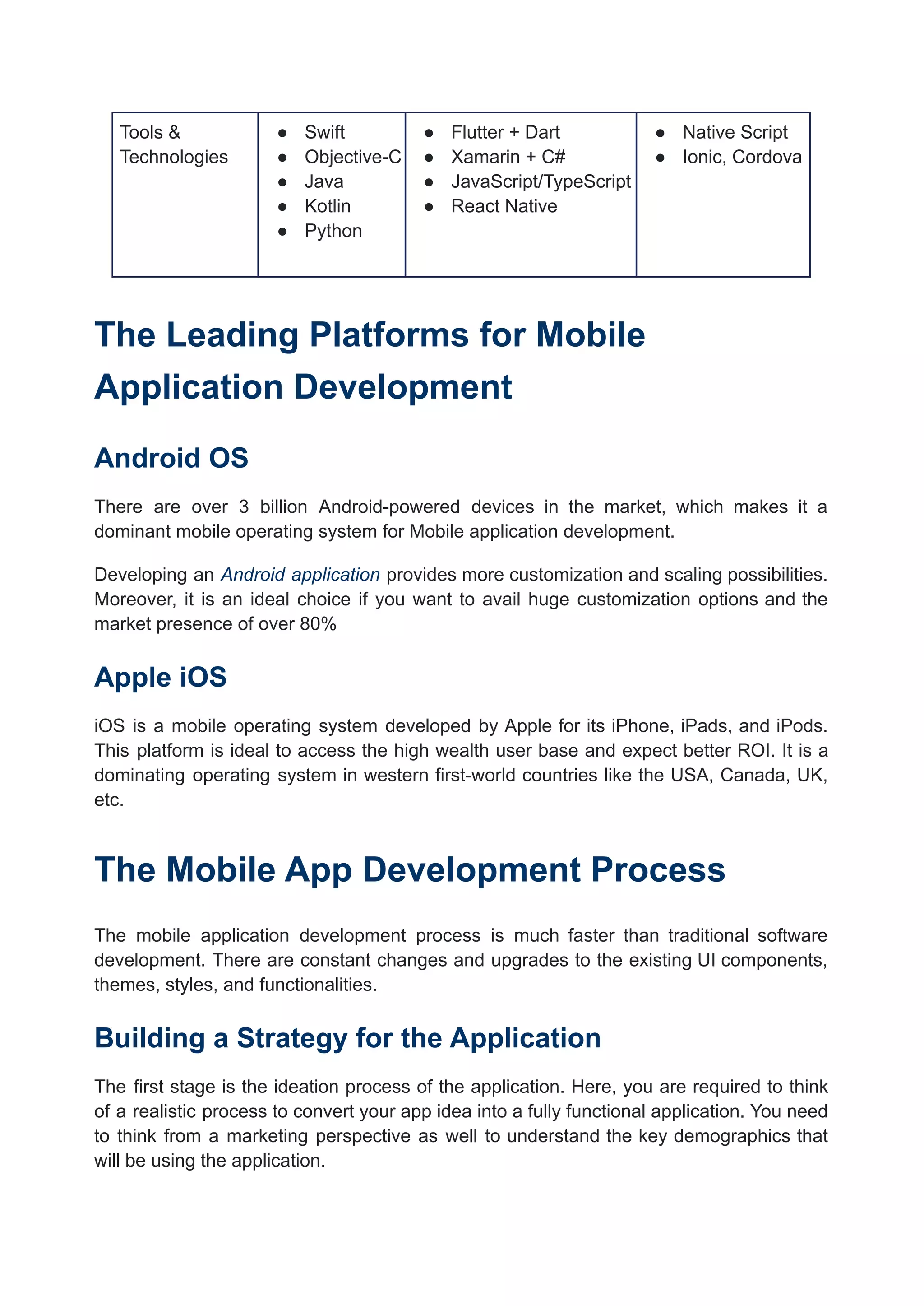 Tools &
Technologies
● Swift
● Objective-C
● Java
● Kotlin
● Python
● Flutter + Dart
● Xamarin + C#
● JavaScript/TypeScript
● React Native
● Native Script
● Ionic, Cordova
The Leading Platforms for Mobile
Application Development
Android OS
There are over 3 billion Android-powered devices in the market, which makes it a
dominant mobile operating system for Mobile application development.
Developing an Android application provides more customization and scaling possibilities.
Moreover, it is an ideal choice if you want to avail huge customization options and the
market presence of over 80%
Apple iOS
iOS is a mobile operating system developed by Apple for its iPhone, iPads, and iPods.
This platform is ideal to access the high wealth user base and expect better ROI. It is a
dominating operating system in western first-world countries like the USA, Canada, UK,
etc.
The Mobile App Development Process
The mobile application development process is much faster than traditional software
development. There are constant changes and upgrades to the existing UI components,
themes, styles, and functionalities.
Building a Strategy for the Application
The first stage is the ideation process of the application. Here, you are required to think
of a realistic process to convert your app idea into a fully functional application. You need
to think from a marketing perspective as well to understand the key demographics that
will be using the application.
 