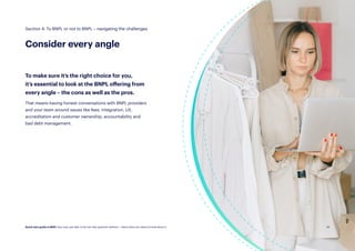 20
To make sure it’s the right choice for you,
it’s essential to look at the BNPL offering from
every angle – the cons as well as the pros.
That means having honest conversations with BNPL providers
and your team around issues like fees, integration, UX,
accreditation and customer ownership, accountability and
bad debt management.
Consider every angle
20
Section 4: To BNPL or not to BNPL – navigating the challenges
Quick start guide to BNPL: Buy now, pay later is the hot new payment method — here’s what you need to know about it.
 