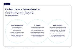 7
All are designed to be low friction, offer a great UX
and deliver seamless financing, especially for online
and mobile checkouts.
3. Pay on finance
Regulated like traditional financing but
with less form-filling. There’s a formal
payment plan, users may be charged
interest and a credit check may apply.
Normally used for high value items
and extended periods over many
months of even two to three years.
2. Pay later
Payment for the total purchase
price is delayed for a set
time – typically 14 or 30 days.
No payment details are taken but
a soft credit check is required.
Consumers receive a reminder
when payment is due.
1. Pay by installments
The purchase amount is
split into three or four smaller
amounts or ‘slices’.
Often the first payment is made
up front with the rest at set
intervals – weekly, every two
weeks or monthly.
Pay later comes in three main options
Quick start guide to BNPL: Buy now, pay later is the hot new payment method — here’s what you need to know about it.
 